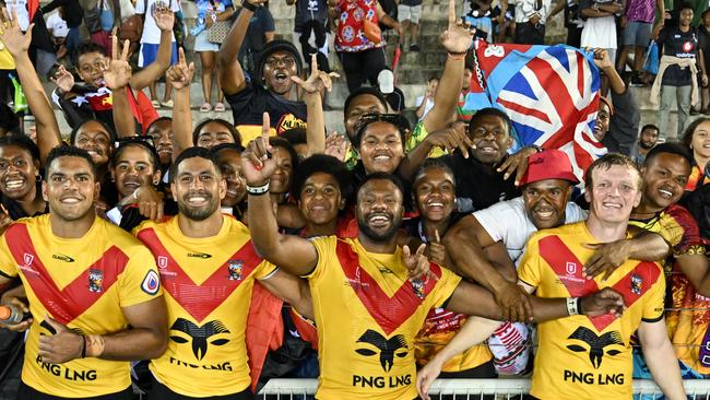 Papua New Guinea players celebrate their Pacific Championships win over Fiji. Picture: NRL Images