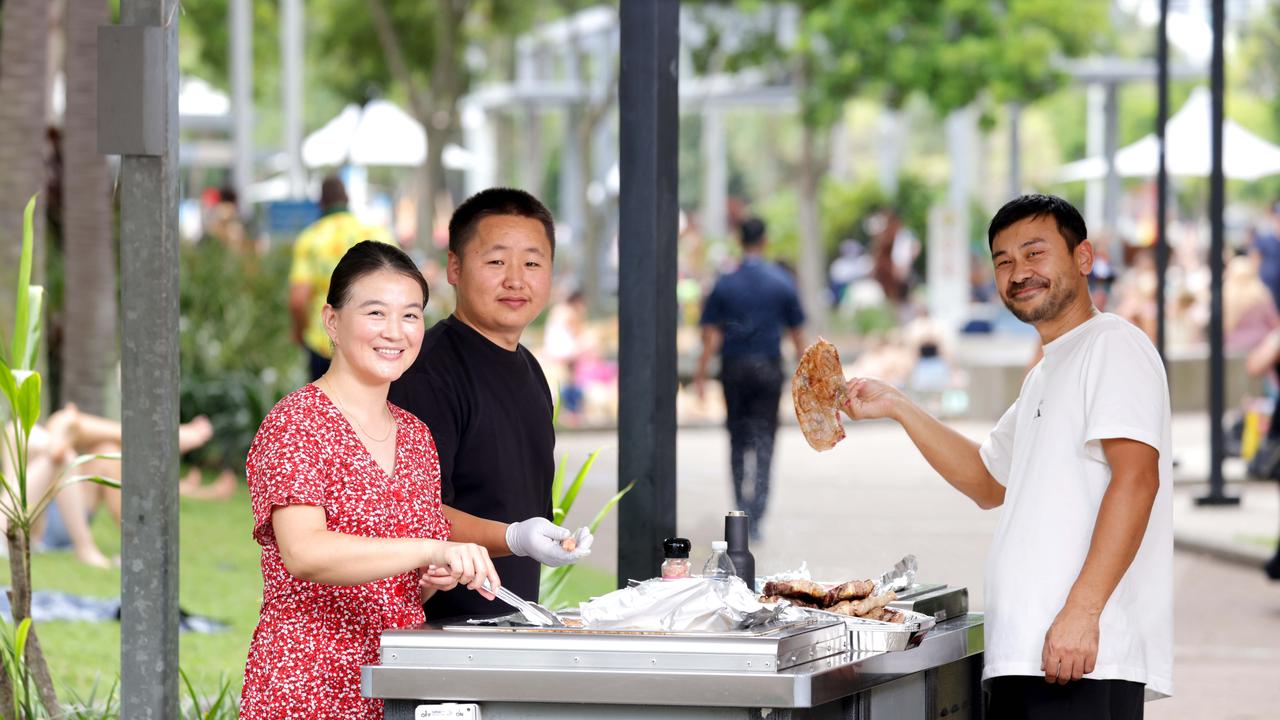 Myanmar Ts, Sukhee Bo, Tulgaa Ts, having a BBQ Australia Day BBQ, in South Bank Park, on Sunday 26th January 2025 - Photo Steve Pohlner