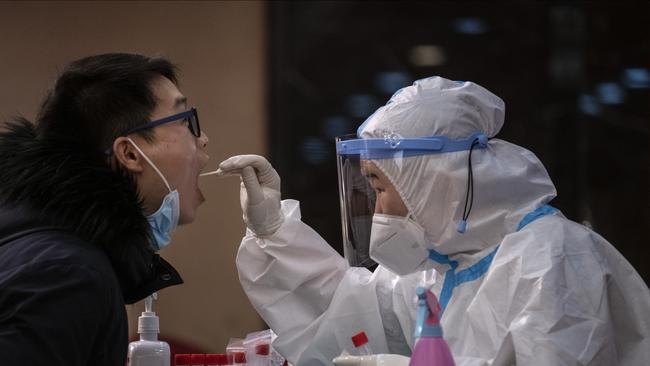 Covid testing for the People's Political Consultative Conference in Beijing on Thursday. Picture: Getty Images