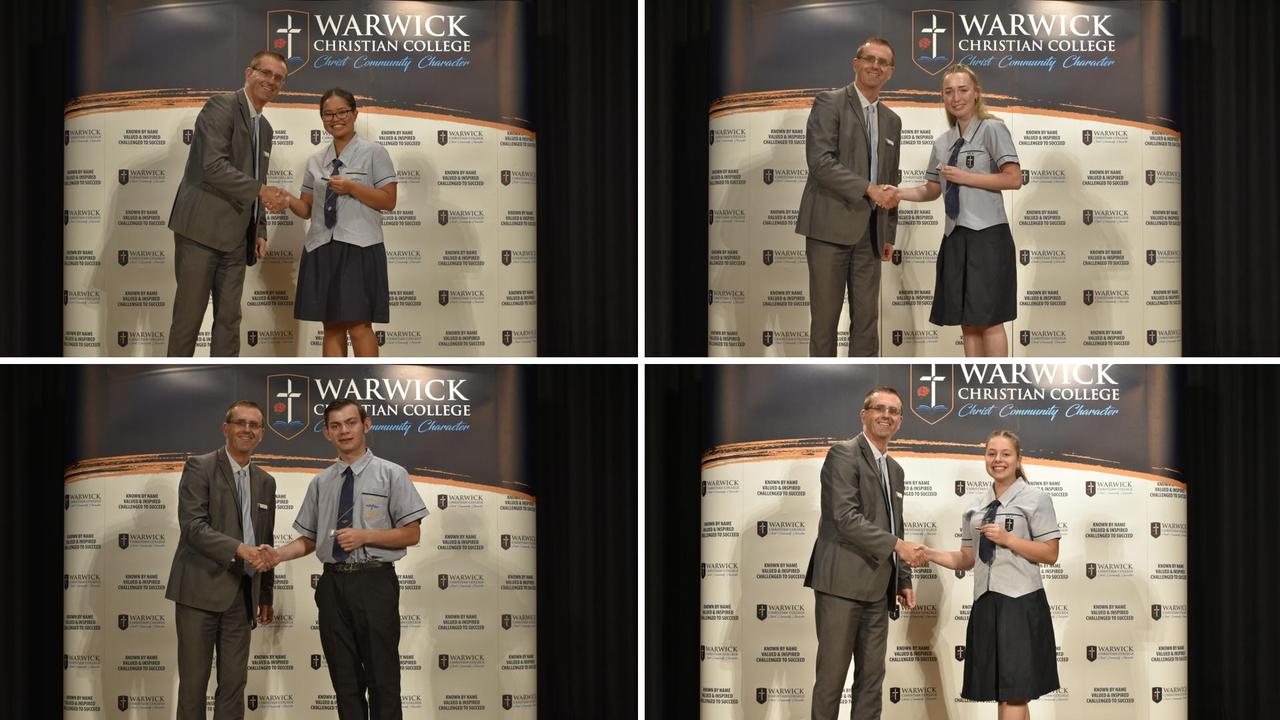 Warwick Christian College 2022 school leaders (clockwise from top left) Hannah Grava, Bianca Maloney, Emily Kay, and Connor Brodie receiving their leadership badges.