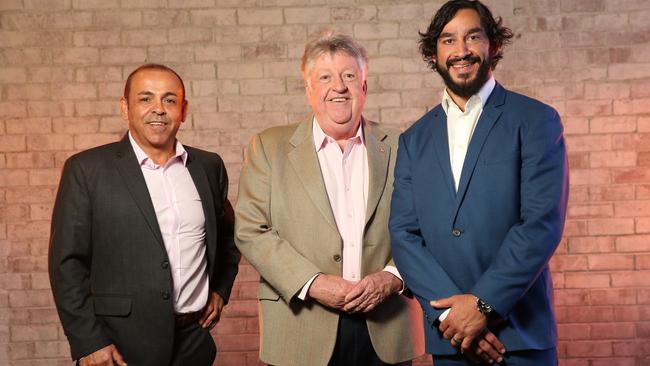 Future immortal Johnathon Thurston (far right) with sports manager Sam Ayoub and Sony Australia chief Denis Handlin. Picture: Richard Dobson