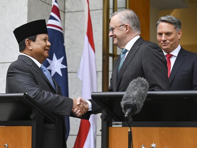 CANBERRA, Australia - NewsWire Photos - August 20, 2024: President-elect Prabowo Subianto, Prime Minister Anthony Albanese and Deputy Prime Minister and Minister for Defence, Richard Marles hold a press conference at Parliament House in Canberra. Picture: NewsWire / Martin Ollman