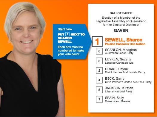 Gold Coast One Nation candidate Sharon Sewell's how-to-vote cards for the Gaven prepoll. Photo: Facebook