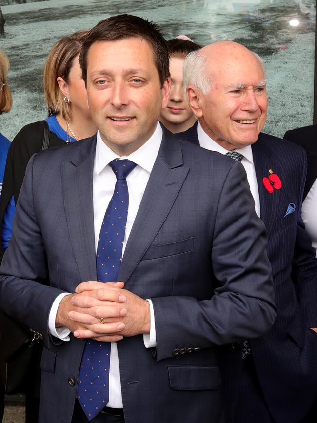 Victorian Liberal Leader Matthew Guy with former PM John Howard on the campaign trail. Picture: Stuart McEvoy