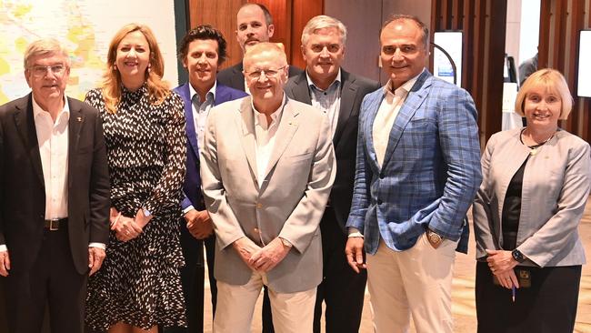 IOC president Thomas Bach, Ms Palaszczuk, John Coates and Dr Adib with others at the Olympics meeting. Picture: NCA NewsWire / Jeremy Piper