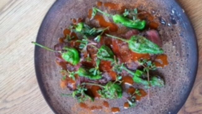 Grass-Fed Flank, Tomato Butter, Padron Peppers’ by Casey Wall at Bar Liberty, Fitzroy