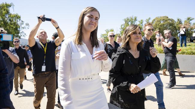 Brittany Higgins and Lisa Wilkinson at the Canberra Womens March 4 Justice on March 15.