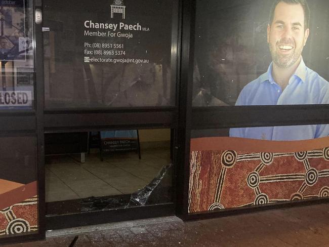 NT Attorney-General Chansey Paech's Alice Springs office was vandalised overnight. Picture: Facebook