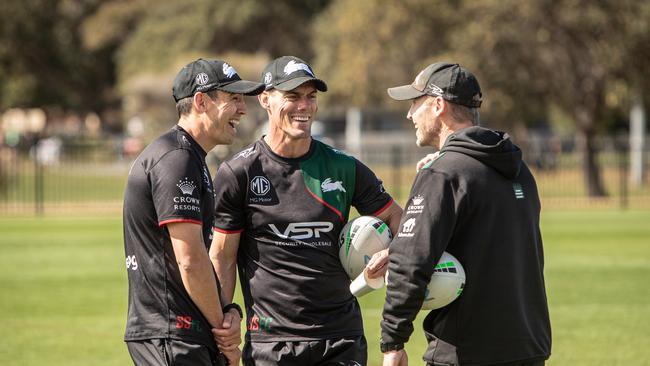 South Sydney assistant coach John Morris (centre) with other training staff this morning. Picture: Julian Andrews