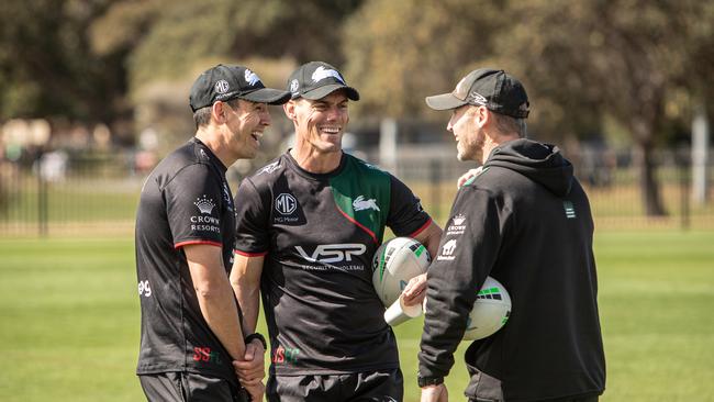 South Sydney assistant coach John Morris (centre) with other training staff this morning. Picture: Julian Andrews