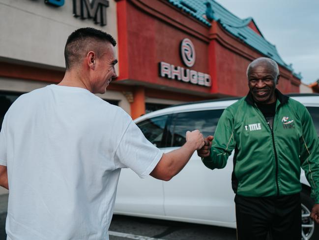 Tim Tszyu meets Floyd Mayweather Sr at the Mayweather Boxing Gym in Las Vegas. Picture: No Limit Boxing