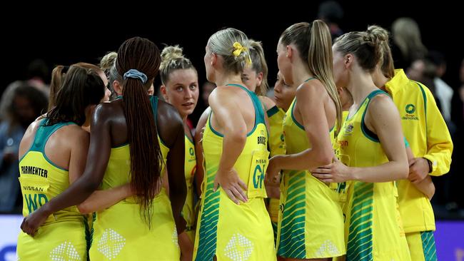 AUCKLAND, NEW ZEALAND - OCTOBER 12: The Australian Diamonds regroup during the Constellation Cup netball match between New Zealand and Australia at Spark Arena on October 12, 2022 in Auckland, New Zealand. (Photo by Phil Walter/Getty Images)