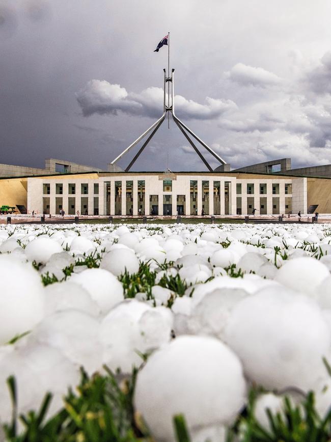 Front of Parliament House after a hail storm in January 2020.