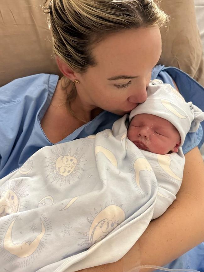 Olympic swimmer Madi Wilson and her cricketing partner Matt Short have announced the birth of their first baby Austin Wilson Short. Picture: Instagram.