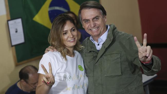 Jair Bolsonaro after voting with wife Michelle in Rio de Janeiro. Picture: AP