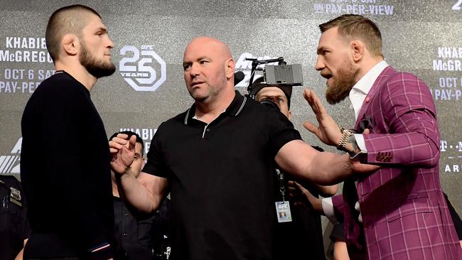 Khabib Nurmagomedov faces-off with Conor McGregor in 2018. Picture: Getty Images