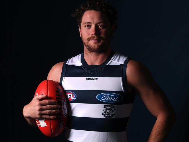 Jack Steven poses for a photo after a press conference at GMHBA Stadium in Melbourne, Thursday, October 17, 2019. (AAP Image/Julian Smith) NO ARCHIVING