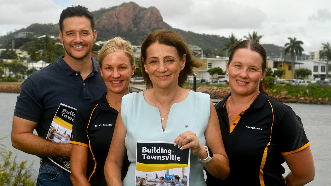 Townsville Mayor Jenny Hill and Team Jenny Hill members Ben Fusco, Shari Fabbro and Rachael Armstrong at the Townsville Cruise Terminal. Picture: Evan Morgan