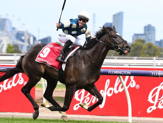 John Allen riding Hitotsu in the Penfolds Victoria Derby. Picture: Getty Images