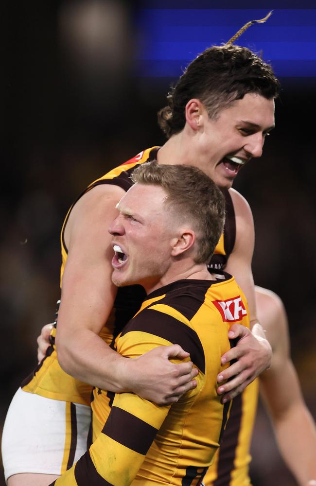 The Hawks almost stole it at the death. Picture: James Elsby/AFL Photos via Getty Images