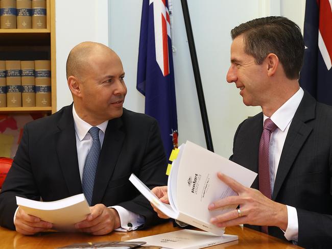 CANBERRA, AUSTRALIANewsWire Photos MARCH 29, 2022: The Treasurer Josh Frydenberg with Simon Birmingham on the morning of the 2022 Budget, at Parliament House in Canberra.Picture: NCA NewsWire / Gary Ramage