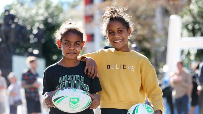 Tahnia Pitt, 10, and Kaylene Hall, 10, at the NRL Magic Round Brisbane Welcome at King George Square. Pics Tara Croser.