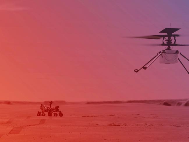 This NASA photo obtained on March 23, 2021 shows an illustration of NASAâs Ingenuity Helicopter flying on Mars. - Ingenuity, a technology demonstration experiment, will be the first aircraft to attempt powered, controlled flight on another planet. Ingenuity arrived at Mars on February 18, 2021, attached to the belly of NASA's Mars 2020 Perseverance rover. Ingenuity is expected to attempt its first flight test in spring 2021. (Photo by Handout / NASA/JPL-Caltech/MSSS / AFP) / RESTRICTED TO EDITORIAL USE - MANDATORY CREDIT 