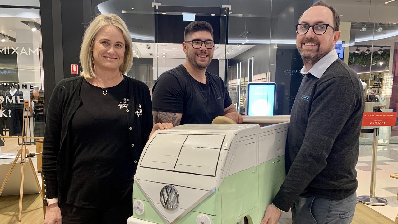 DIY SUPERSTAR: The Toowoomba Hospital Foundation is again organising their popular fundraiser, the Pop Up Pallet auction. Toowoomba Hospital Foundation CEO Alison Kennedy, (left) Pop Up Pallet Creator Dominick Salis (centre) with his mini Kombi at the 2020 Pop Up Pallets silent online auction with Dr Chris Turnock of Toowoomba Orthodontists. Picture: Contributed