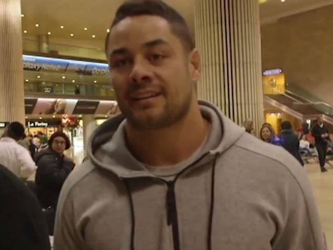 Jarryd Hayne declined to answer questions after landing at Tel Aviv Airport. Picture: Seven News