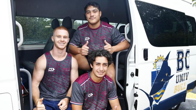 TSS Old Boys Spencer Jeans, George Blake and Dion Samuela are chasing their rugby dreams at the Queensland Reds by playing for Bond. Picture: Tertius Pickard