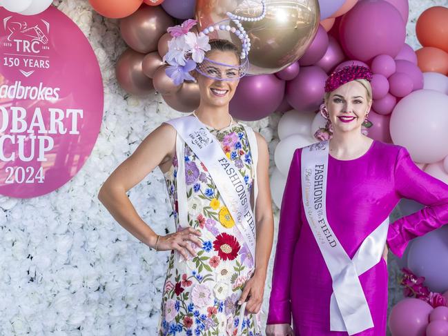 Ashley Meaburn (Best Dress Lady) and Daisy Grace (Best Dress Millinery). Hobart Cup 2024. Picture: Caroline Tan