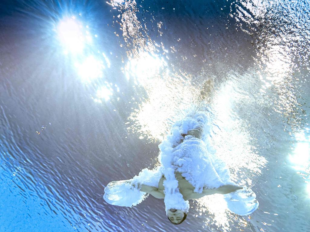 What a diver looks like as they enter the pool. This underwater photograph shows South Korea's Woo Haram after completing his dive in the men's 3m springboard diving final. Picture: Francois-Xavier Marit/AFP