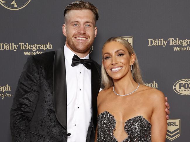 DAILY TELEGRAPH SEPTEMBER 28, 2022. Cameron Munster and Bianca McMahon on the red carpet for the 2022 Dally M Awards, held at Royal Randwick Racecourse. Picture: Jonathan Ng