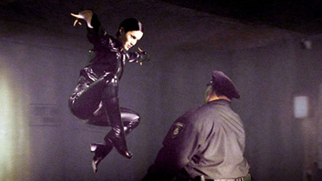 Carrie-Anne Moss defying gravity in “bullet time” in the original Matrix movie.