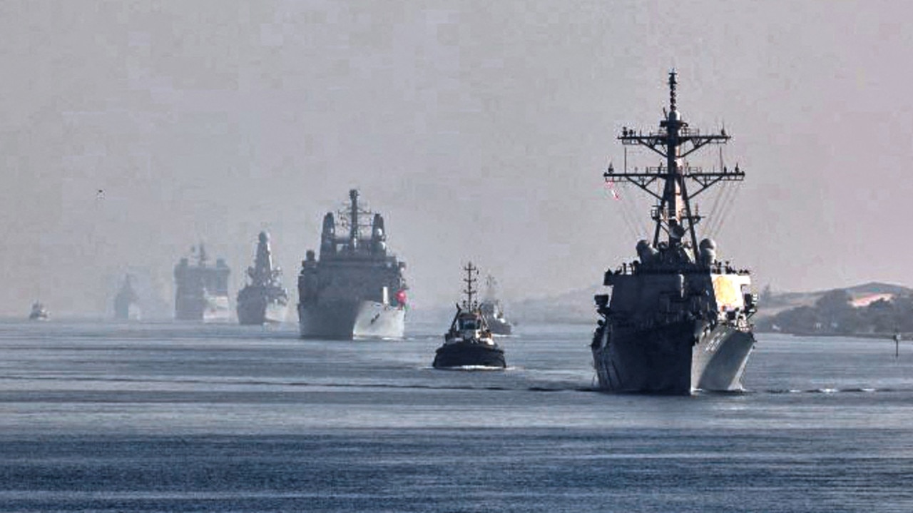 A view of the vessels of the strike group sailing behind the Royal Navy's HMS Queen Elizabeth aircraft carrier through Egypt's Suez Canal on June 6. Picture: Royal Navy/AFP.