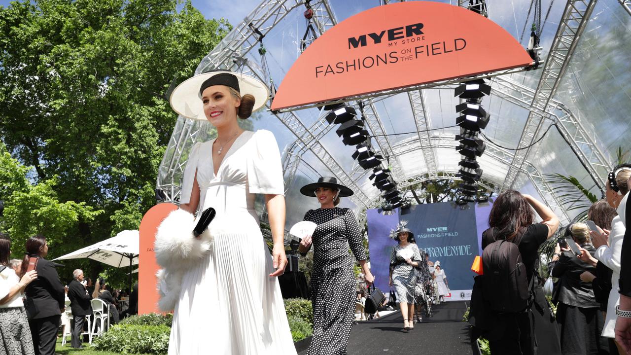 Racegoers take part in Myer Fashions on the Field. Picture: David Caird