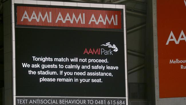 A message is shown on the scoreboard after the match is abandoned. Picture: Darrian Traynor/Getty Images