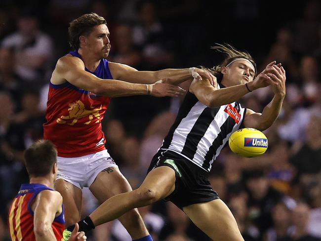 Joe Daniher and Darcy Moore could stage a battle for the ages. Picture: Michael Klein