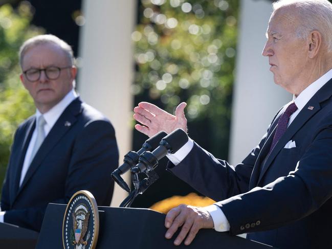 US President Joe Biden (R) speaks during a joint press conference with Australia's Prime Minister Anthony Albanese at the Rose Garden of the White House in Washington, DC, on October 25, 2023. (Photo by Brendan Smialowski / AFP)