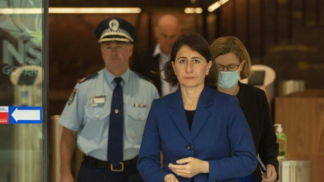 Premier Gladys Berejiklian with Chief Health Officer Dr Kerry Chant and NSW Police Assistant Commissioner Mick Willing today. Picture: NCA NewsWire / Jenny Evans