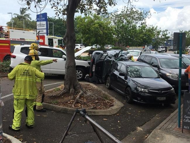 Queensland Ambulance Service confirmed that paramedics and Queensland Fire Department crews were called to a two-vehicle accident on the corner of Gregory and Mitchell streets in North Ward Townsville on Tuesday morning. Two men in their 50s were being assessed for any injuries. Picture: Evan Morgan