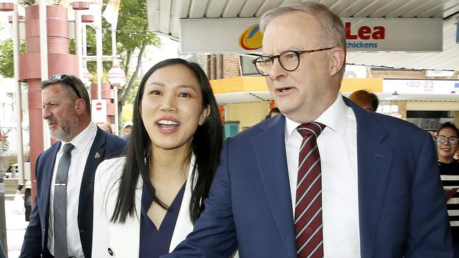 Tu Le, the new federal Labor Candidate for Fowler and Prime Minister Anthony Albanese meet excited locals in Freedom Plaza, Cabramatta. Picture: NewsWire / John Appleyard