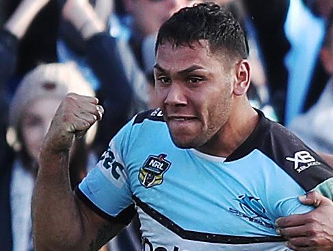 Cronulla's Jesse Ramien celebrates after scoring a try during the Cronulla Sharks v Wests Tigers NRL match at Southern Cross Group Stadium, Cronulla. Picture: Brett Costello