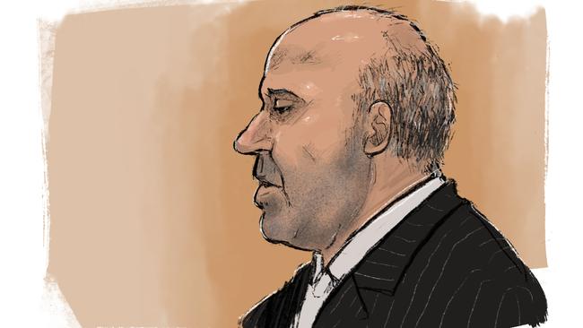 A court sketch of convicted drug trafficker Tony Mokbel at his hearing on Tuesday. Picture: 9 News