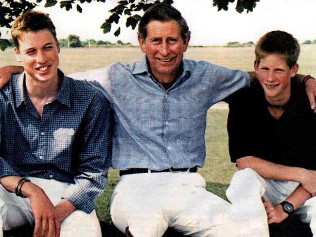 Prince Charles with sons Prince William (L) and Prince Harry (R) during happier times. Picture: News Corp Australia