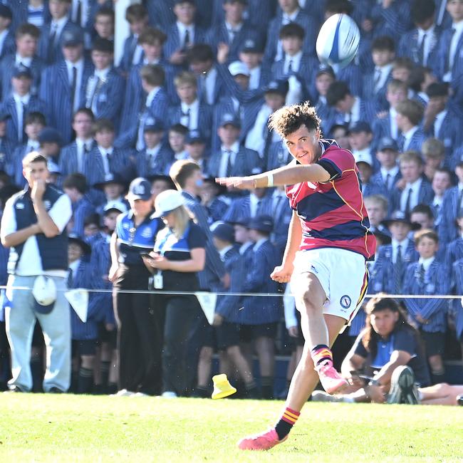 Seamus Boakes sends it over the black dot. GPS first XV rugby grand final, Nudgee College Vs BSHS. Saturday September 7, 2024. Picture, John Gass