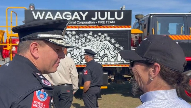 FRNSW Commissioner Jeremy Fewtrell and YAC chief operations officer Brentyn Lugnan at the Urunga fire truck handover.