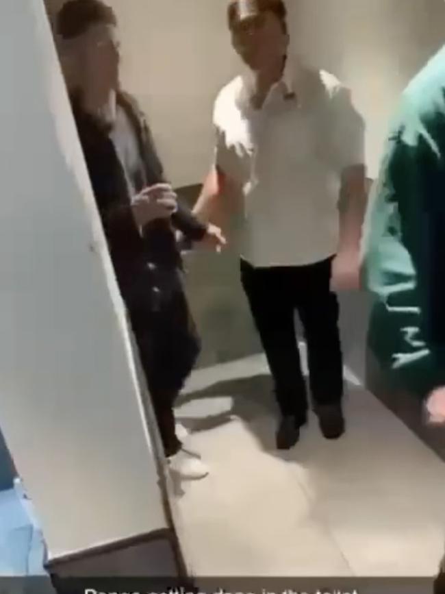 Video emerged of Kalyn Ponga and Knights teammate Kurt Mann being kicked out of a toilet cubicle by security.