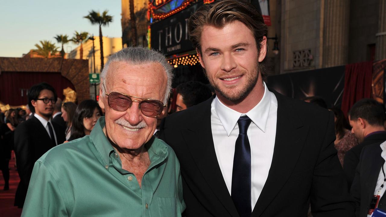 Stan Lee and actor Chris Hemsworth at the LA premiere of Thor in 2011. Picture: Lester Cohen/Getty