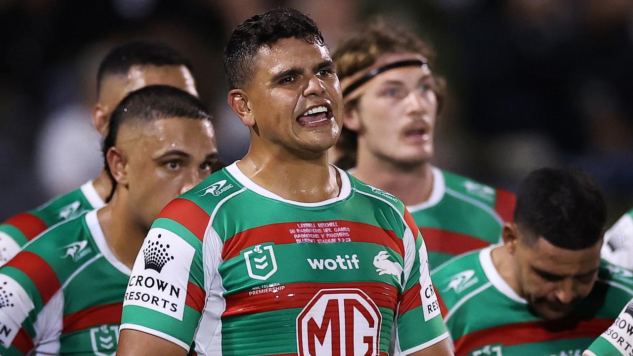 PENRITH, AUSTRALIA - MARCH 09: Latrell Mitchell of the Rabbitohs reacts after the Rabbitohs conceded a try during the round two NRL match between the Penrith Panthers and the South Sydney Rabbitohs at BlueBet Stadium on March 09, 2023 in Penrith, Australia. (Photo by Cameron Spencer/Getty Images)